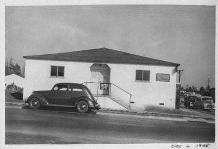 Riddick Youth Center building front view, December 1945 — vintage black-and-white photograph